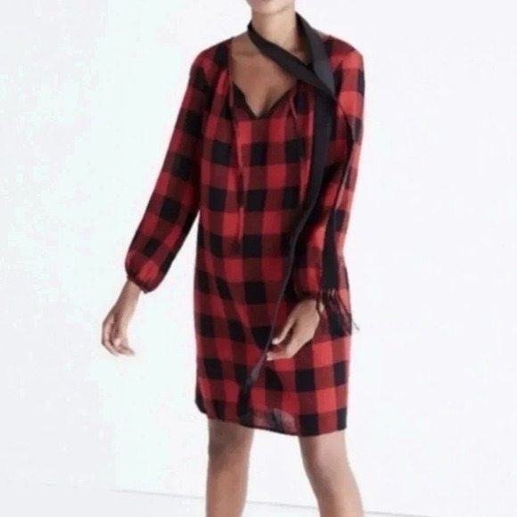 MADEWELL Red & Black Buffalo Plaid Wool Blend Tie Neck Shift Dress Size XXS - Picture 2 of 6